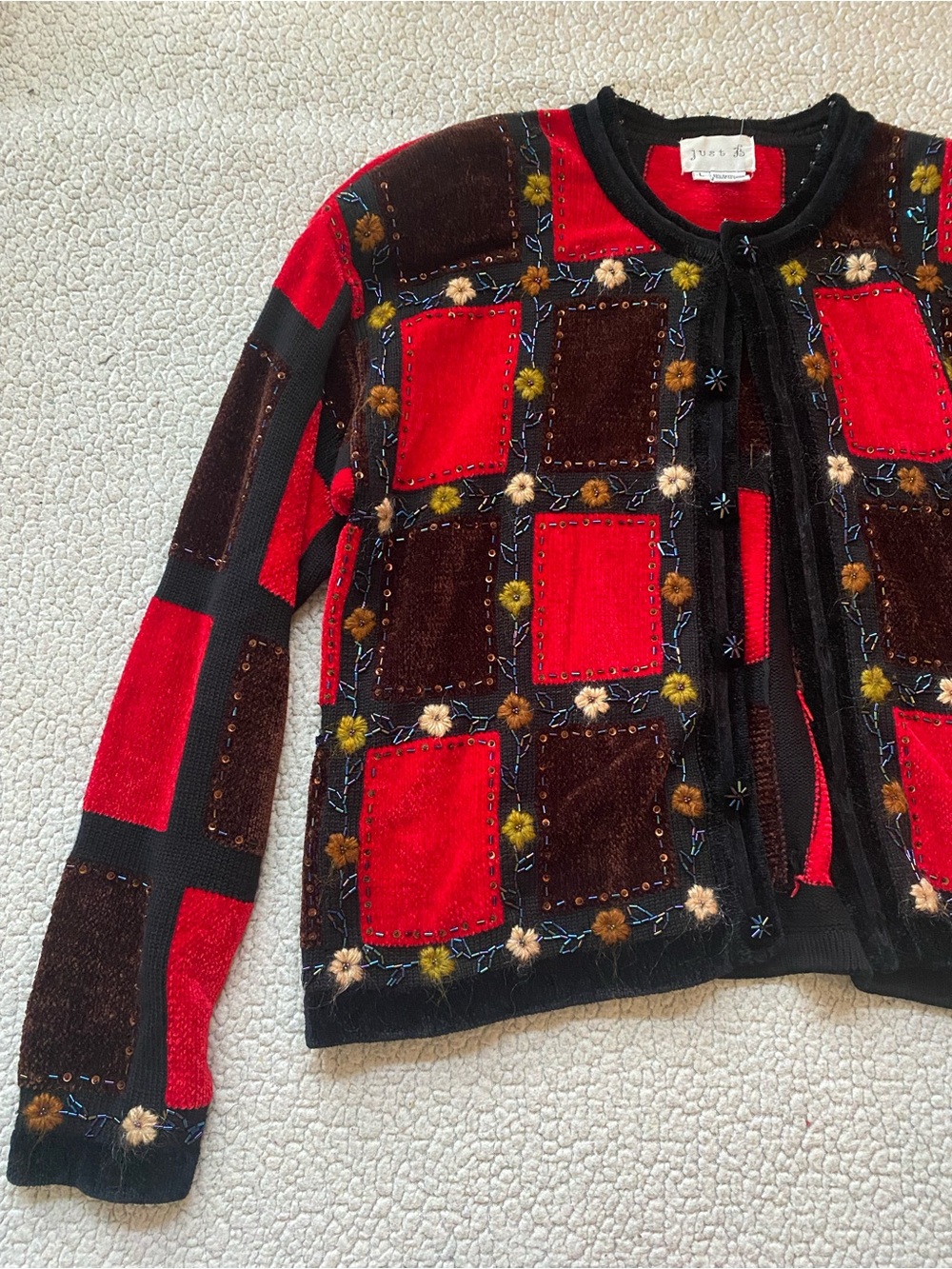 just be Red and Black Embellished Patchwork Cardigan